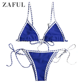 

ZAFUL Women Low Waisted Spaghetti Straps String Two Pieces Swimsuit FOR Textured Whip Stitch Bralette Bikini Swimwear
