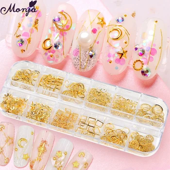 Monja 12 Grids/Box Gold Nail Art Metal Flake Gear Star Mix Style Geometric Pattern 3D Hollow Rivet Slice DIY Manicure Decoration
Monja 12 Grids/Box Gold Nail Art Metal Flake Gear Star Mix Style Geometric Pattern 3D Hollow Rivet Slice DIY Manicure Decoration