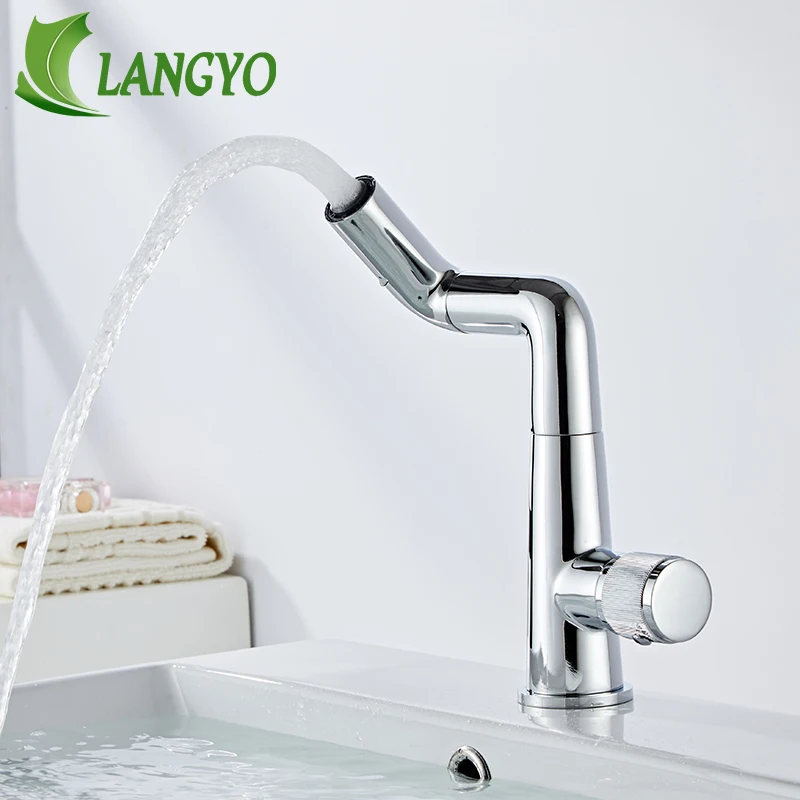 

LANGYO Bathroom Vanity Basin Chrome Cold Hot Swivel Spout Faucet Mixer Single Handle Deck Mount Taps Waterfall Sink Faucets