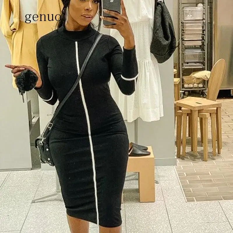 

Genuo New Women's Bodycon Dress 2020 Autumn Clothing Robe Femme Stand Collar White Sheath Dress Mid-Calf Length Dresses