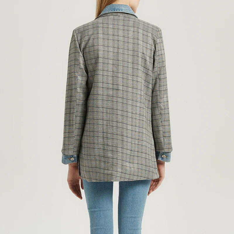 TWOTWINSTYLE Plaid Patchwork Denim Women's Jacket Lapel Collar Long Sleeve Korean Female Jacket Coats 2019 Autumn Fashion New (4).jpg