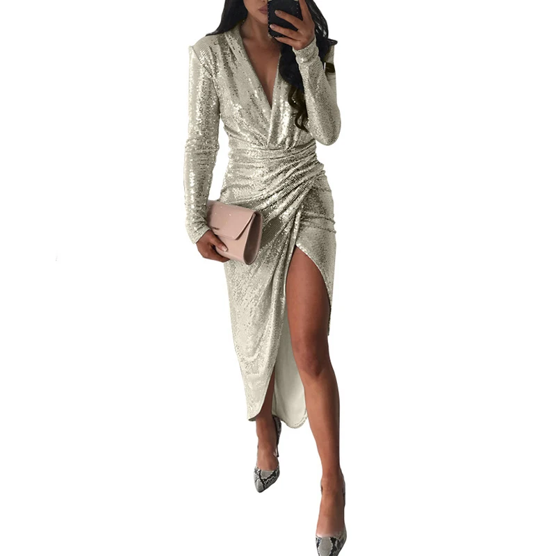 Long Sleeve V Neck Sexy Dresses Party Night Club Dress 2019 Side Split Gold Glitter Dress Slim Fit Women Fall Clothing SJ4636R
Long Sleeve V Neck Sexy Dresses Party Night Club Dress 2019 Side Split Gold Glitter Dress Slim Fit Women Fall Clothing SJ4636R