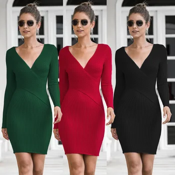 Women'S Long Sleeve Knit Tight Dress Formal V-Neck Women Knitted Winter Sweater Tight Dress Pullover Bodycon Robe Femme 
Women'S Long Sleeve Knit Tight Dress Formal V-Neck Women Knitted Winter Sweater Tight Dress Pullover Bodycon Robe Femme