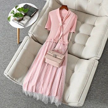 Runway Designer Dress 2020 Elegant Bow Short Sleeve Knitted Mesh Patchwork Pleated Midi Dress For Women Summer
Runway Designer Dress 2020 Elegant Bow Short Sleeve Knitted Mesh Patchwork Pleated Midi Dress For Women Summer