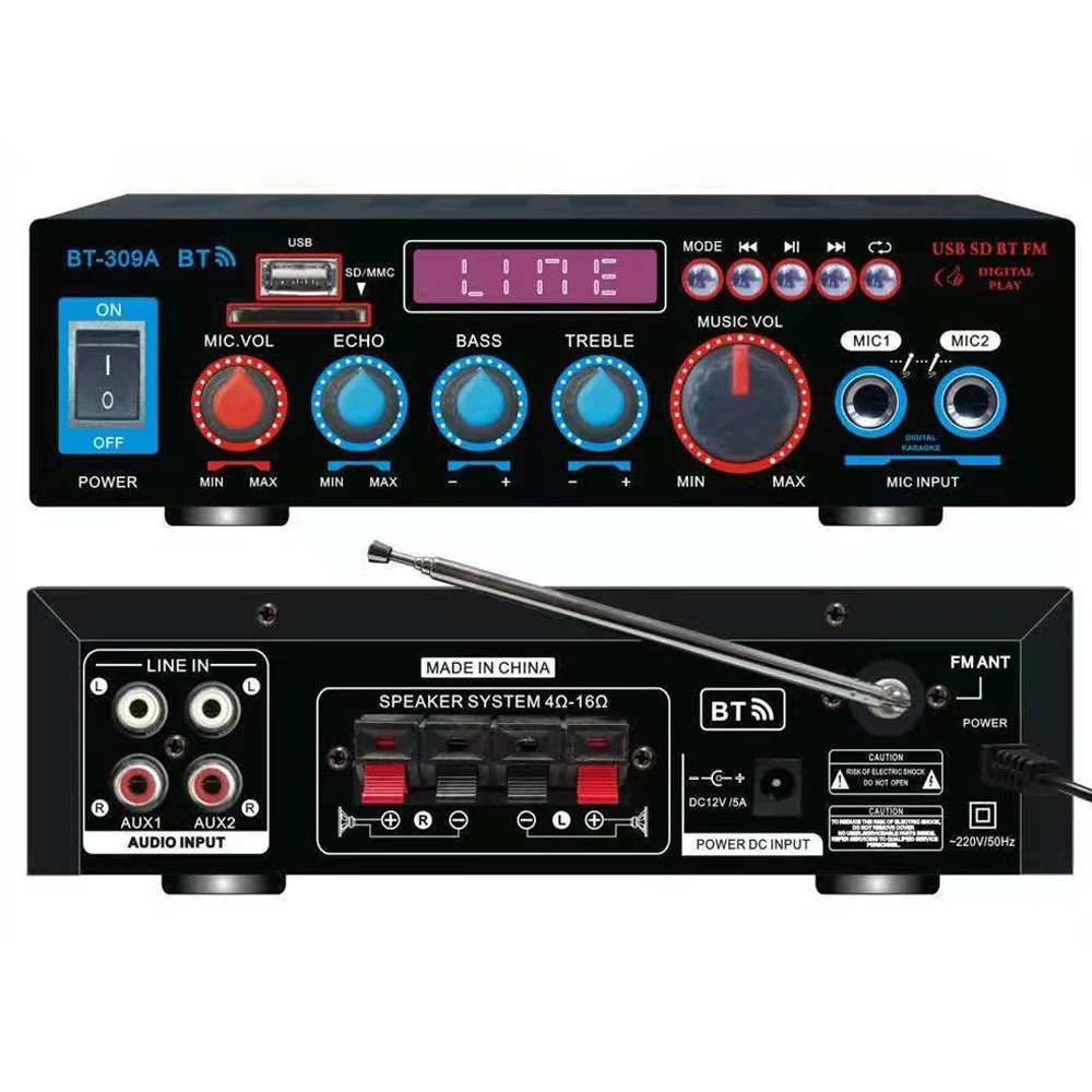 12V / 220V BT Audio Power Amplifier Digital Audio Receiver AMP USB SD Slot MP3 Player FM Radio Dual Mic Input 2*Channel 50W+50W
12V / 220V BT Audio Power Amplifier Digital Audio Receiver AMP USB SD Slot MP3 Player FM Radio Dual Mic Input 2*Channel 50W+50W