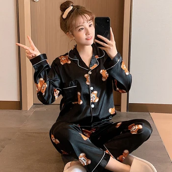 2 Pcs Cardigan Lapel Pajama Sets For Women Spring Summer Cool Silk Pyjamas Loose Comfort Pijama Female Night Sleepwear
2 Pcs Cardigan Lapel Pajama Sets For Women Spring Summer Cool Silk Pyjamas Loose Comfort Pijama Female Night Sleepwear