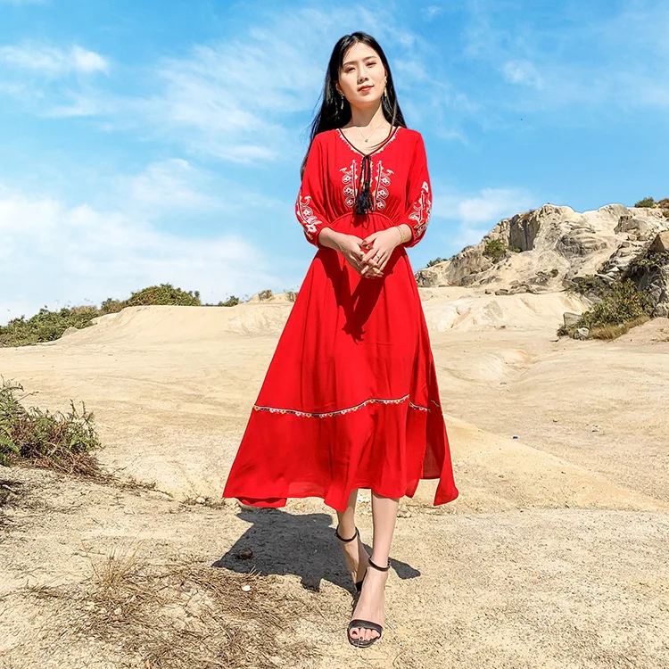 2020 Spring Dress Women's Bohemian Ethnic-Style Embroidered Cotton And Linen Skirt Holiday Desert Red Dress
2020 Spring Dress Women's Bohemian Ethnic-Style Embroidered Cotton And Linen Skirt Holiday Desert Red Dress
