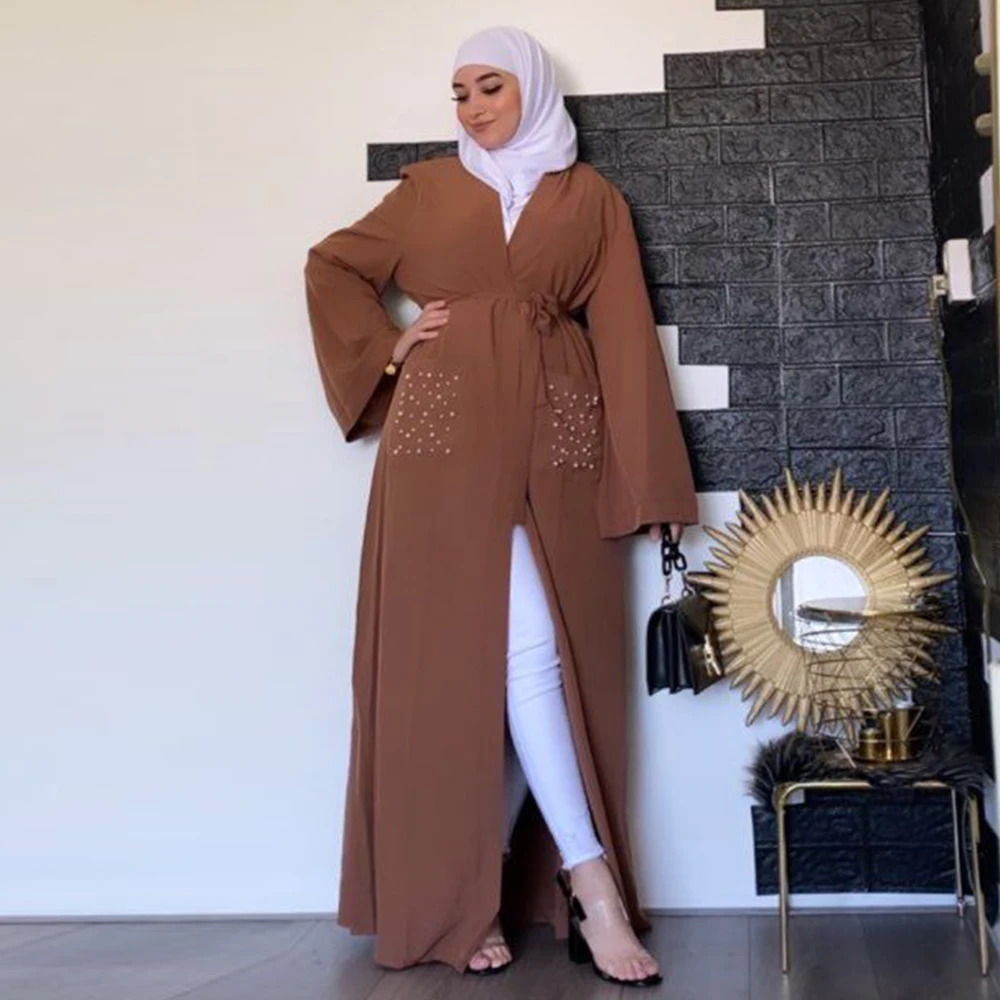 

Siskakia Dubai Abaya Solid Beads Pockets Design Muslim Women Arabian Fashion Kimonos Female Robe Clothing 2020 Indie Folk