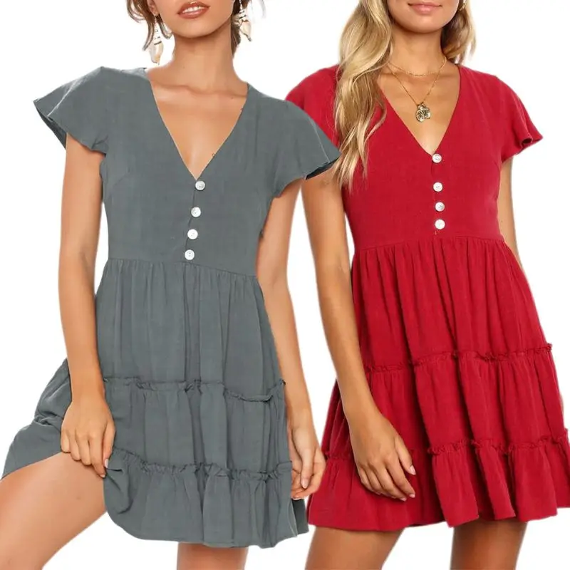 Women Summer Short Ruffles Sleeves Mini Swing Dress Sexy V-Neck Button Down High Waist Solid Color Tiered Pleated Beach Sundress
Women Summer Short Ruffles Sleeves Mini Swing Dress Sexy V-Neck Button Down High Waist Solid Color Tiered Pleated Beach Sundress
