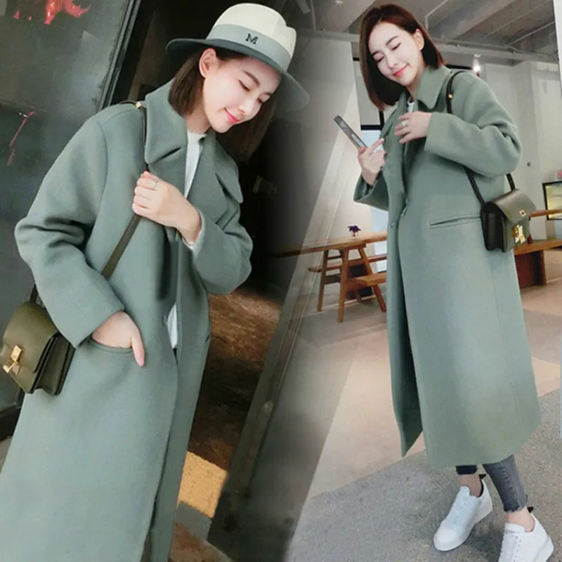 

2019 Autumn Winter Women Woolen Outwear Long Overcoat Green Gray Black Wool Outerwear Korean Trench Coat Women Female shein