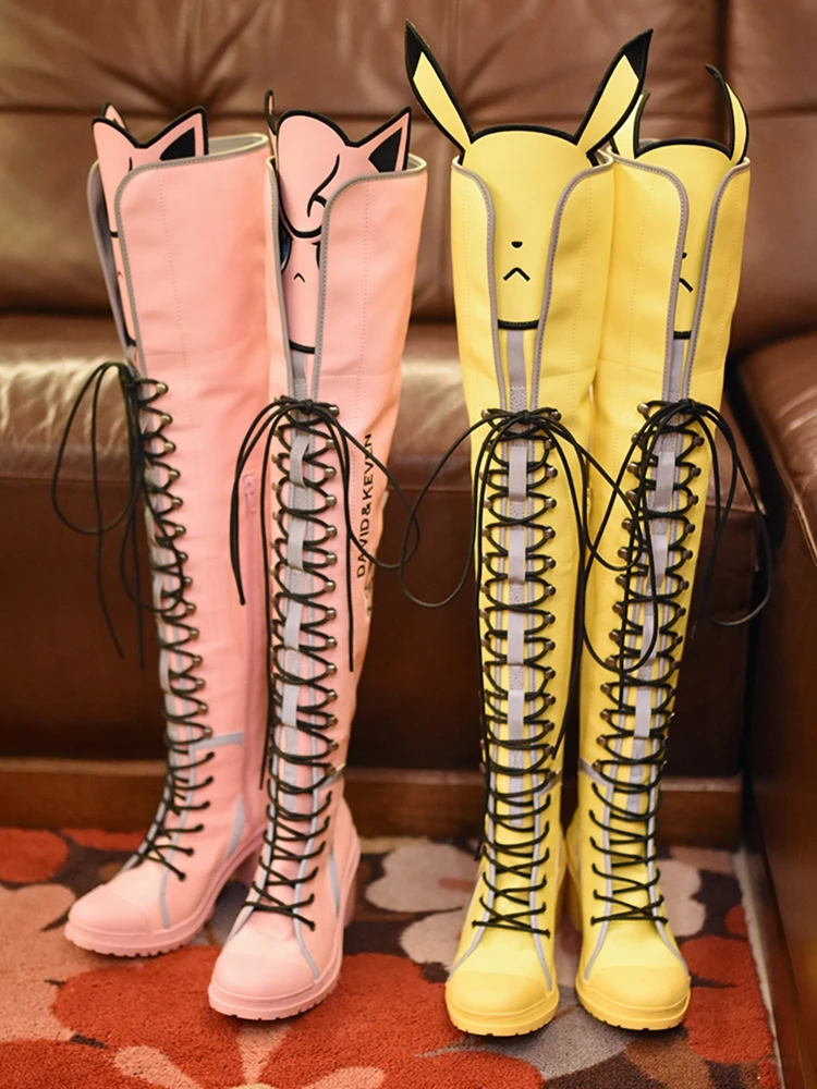 

Runway New Chunky Heel Boots Lace Up Round Toe Cute Carton Painting Women Girls Shoes Sweety Autumn Over the Knee Boots