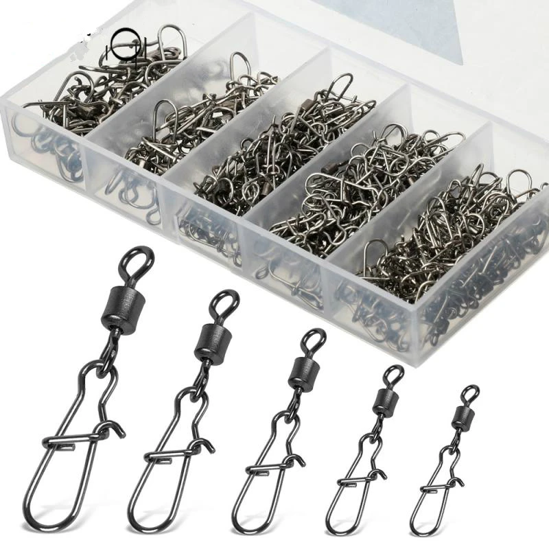 100Pcs/ Set Fishing Connector Swivels Interlock Pin Snap 4#/6#/8#10#/12# Rolling Swivel For Fishhook Lure Fishing Accessories
100Pcs/ Set Fishing Connector Swivels Interlock Pin Snap 4#/6#/8#10#/12# Rolling Swivel For Fishhook Lure Fishing Accessories