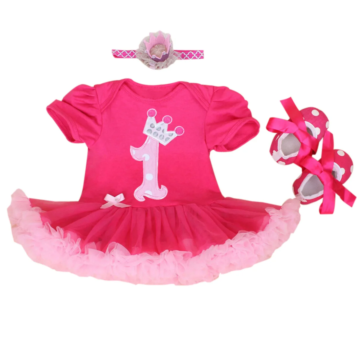 

Baby Girls Number 1 Crown First Birthday Tutu Dress with Polka Dots Shoes Hot Pink Bling Crown Headband