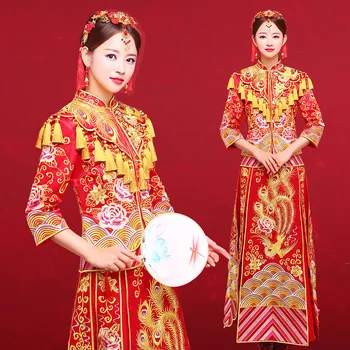 Luxury ancient Royal Red Chinese wedding dress Traditional Bride Embroidery Cheongsam Womens Oriental Dragon Phoenix QiPao 
Luxury ancient Royal Red Chinese wedding dress Traditional Bride Embroidery Cheongsam Womens Oriental Dragon Phoenix QiPao