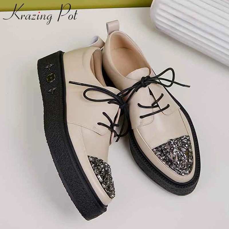 Krazing pot new fashion shiny crystal studded round toe genuine leather med heels thick bottom vitality maiden lace up pumps L05
Krazing pot new fashion shiny crystal studded round toe genuine leather med heels thick bottom vitality maiden lace up pumps L05