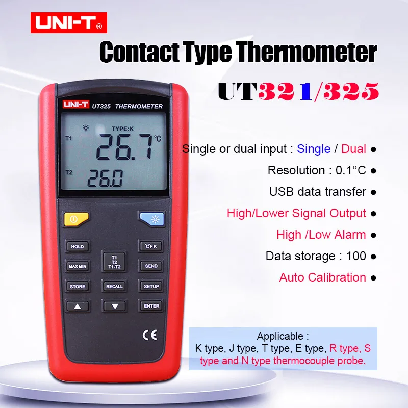 

UNI-T UT321/UT325 Contact Type Thermometer Pyrometer with thermocouple temperature probe Data storage/hold K/J/T/E/R/S/N Type