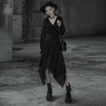 PUNKRAVE Women's Long Chiffon Dress Gothic Asymmetrical Hem V Collar Long Sleeve Sexy Dresses 
PUNKRAVE Women's Long Chiffon Dress Gothic Asymmetrical Hem V Collar Long Sleeve Sexy Dresses