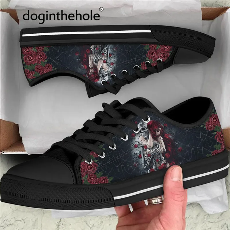 

Doginthehole Gothic Skull Love Design Women Sneakers Red Rose Casual Lace Up Flats Black Comfortable Low Top Canvas Shoes Women