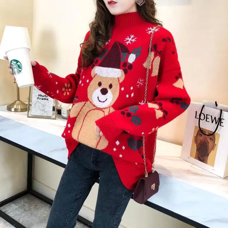 

Woman Sweaters Christmas Sweater Women's Autumn Winter Turtleneck Knitted Loose Top Femme Chandails Pull Hiver