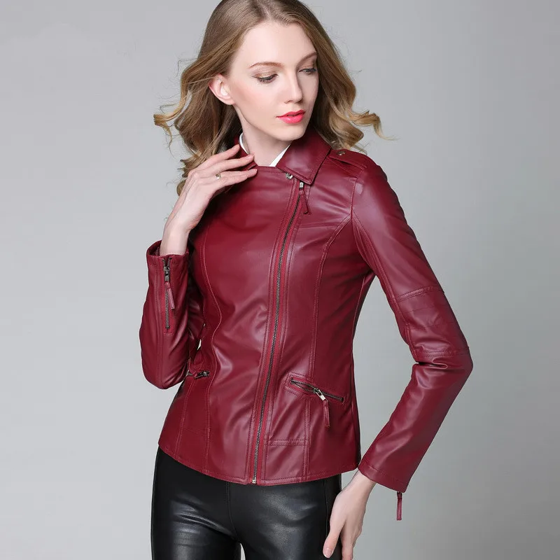 Демисезонная куртка из искусственной кожи для женщин короткая мотоциклетная