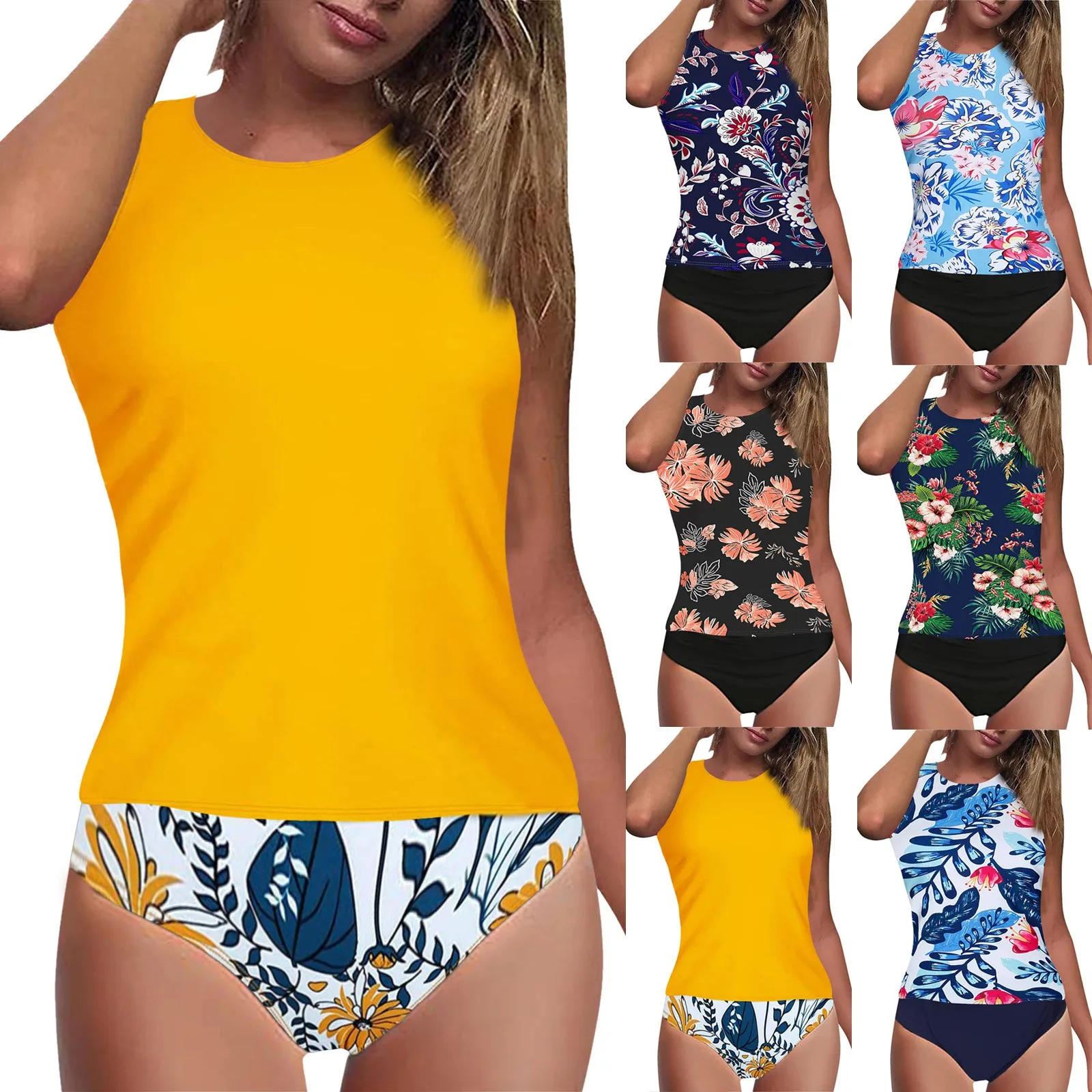 

Women's Swimming Suit 2021 Black Tankini High Waist High Neck Halter Tummy Control Two Piece Swimsuit Tank Top Print Swimwear