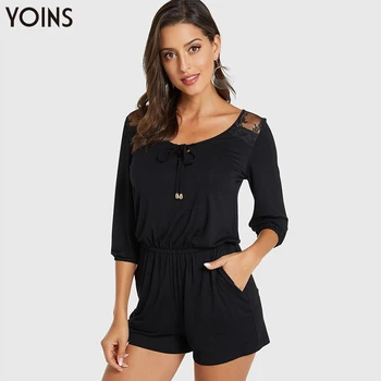 

YOINS 2020 Women Casual Solid Round Neck Stretch Waistband Playsuit Female Sexy Lace Bodysuit Side Pockets Long Sleeves Rompers