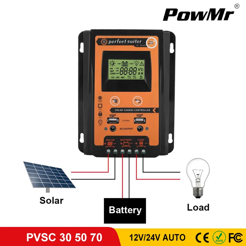 PowMr 70A 50A 30A Solar Charger Controller 12V 24V Auto Solar Panel Battery Regulator LCD Display Dual USB Output Solar System
PowMr 70A 50A 30A Solar Charger Controller 12V 24V Auto Solar Panel Battery Regulator LCD Display Dual USB Output Solar System