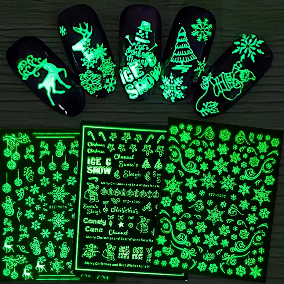 

Luminous Christmas Nail Stickers Snowman Santa Elk Glow In The Dark Slider for Manicure Winter Press on Nails Art Decorations