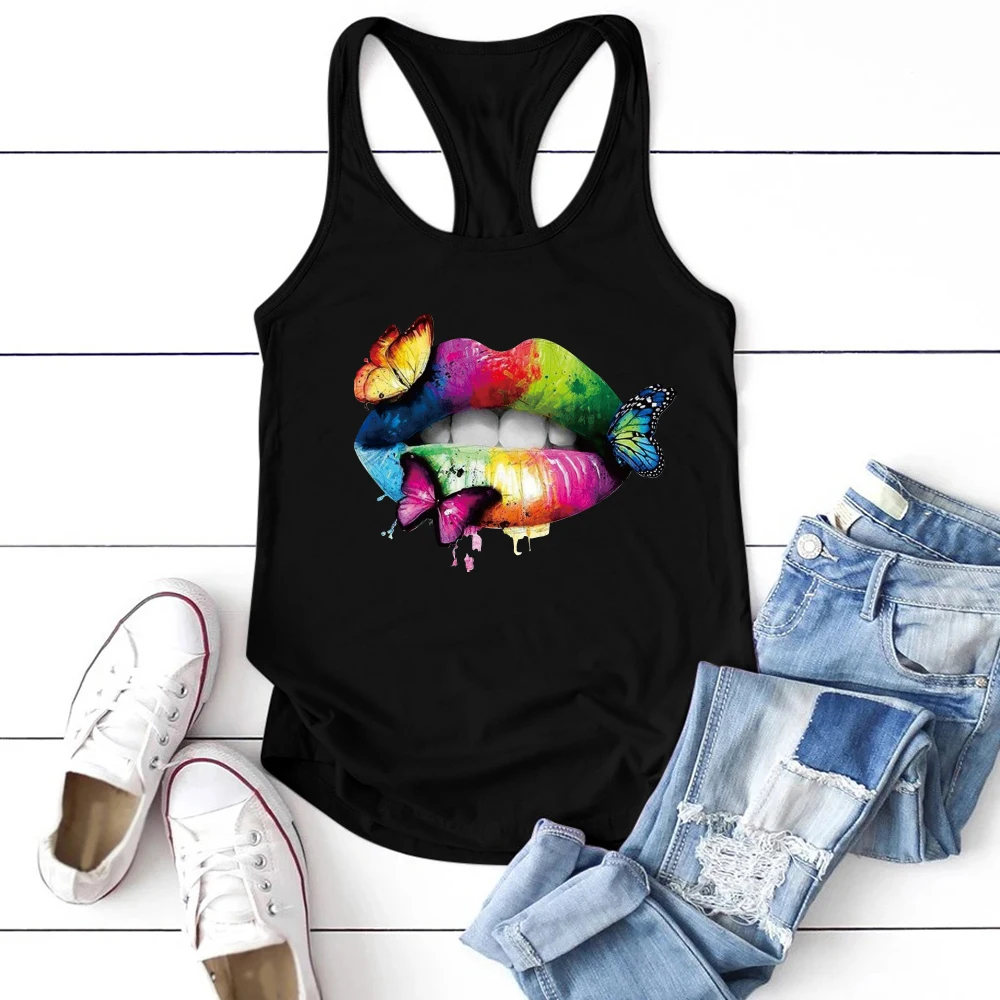 Multicolored Lips Butterflies Printed Women Tank Top JKP4760