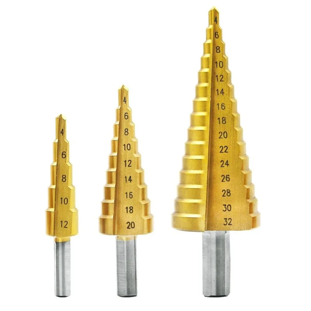 HSS Steel Step Cone Titanium Coated Metal Drill Bit 4-12/20/32mm Wood Metal Hole Cutter Core Cone Drilling Tools
HSS Steel Step Cone Titanium Coated Metal Drill Bit 4-12/20/32mm Wood Metal Hole Cutter Core Cone Drilling Tools