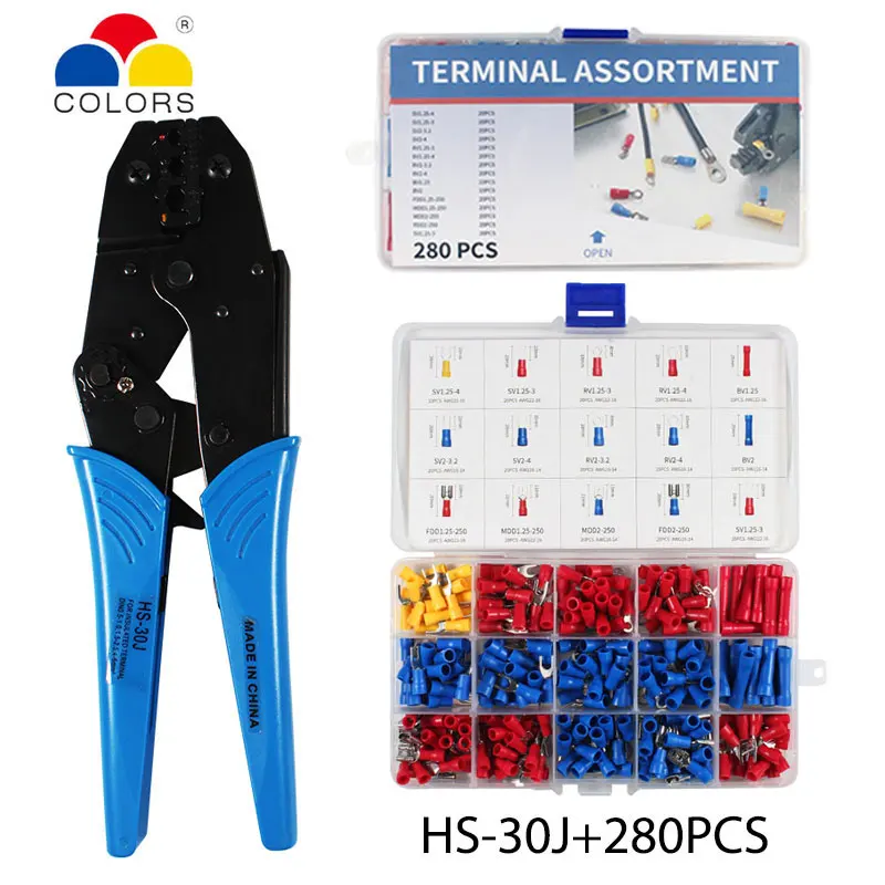 280pcs/Box Full Insulated Fork U-type Set HS-30J Terminals Crimping pliers Connectors Assortment Kit 0.5-6mm2 crimping toos
280pcs/Box Full Insulated Fork U-type Set HS-30J Terminals Crimping pliers Connectors Assortment Kit 0.5-6mm2 crimping toos