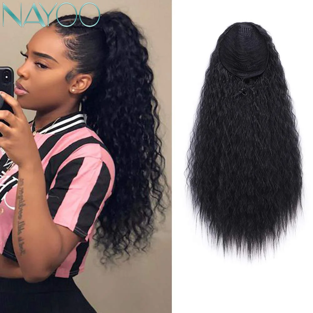 

Nayoo Long Afro Kinky Curly 22 Inch Synthetic Hair Corn FakePiece For Women Drawstring Ponytail Extension Brown High Temperature