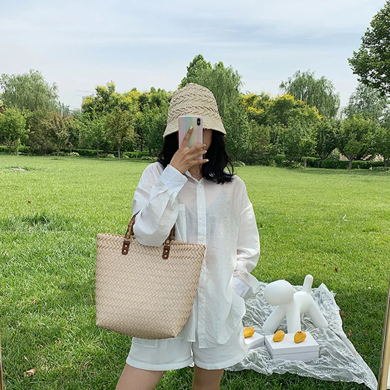 Gusure Open-Top Straw Handbag - Hollow Weave Summer Essential 3 H236af1095641446a926e604c57dba3f3N