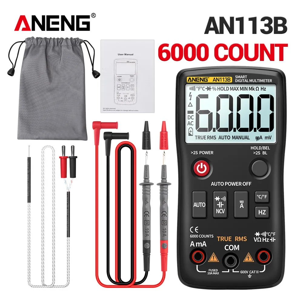 ANENG AN113B Digital Multimeter True RMS with Temperature Tester 6000 Counts Auto-Ranging AC/DC Transistor Voltage Meter
ANENG AN113B Digital Multimeter True RMS with Temperature Tester 6000 Counts Auto-Ranging AC/DC Transistor Voltage Meter