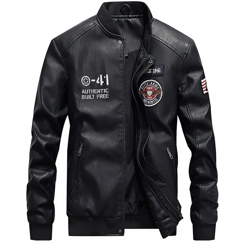 

Jacket Men Embroidery Baseball Jackets Pu Faux Leather Coats Slim Fit Zipper Casual College Luxury Fleece Pilot Leather Jackets