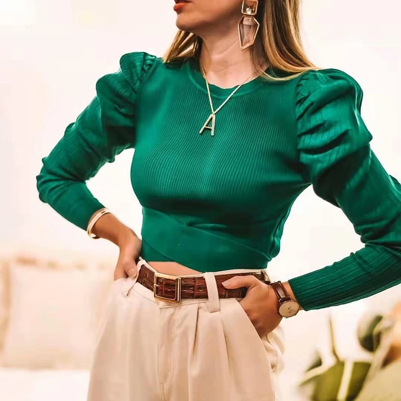 Green women puff sleeve bomb sweaters 2019 fashion ladies elegant knitted sweater female winter knitwear girls chic pullovers | Женская