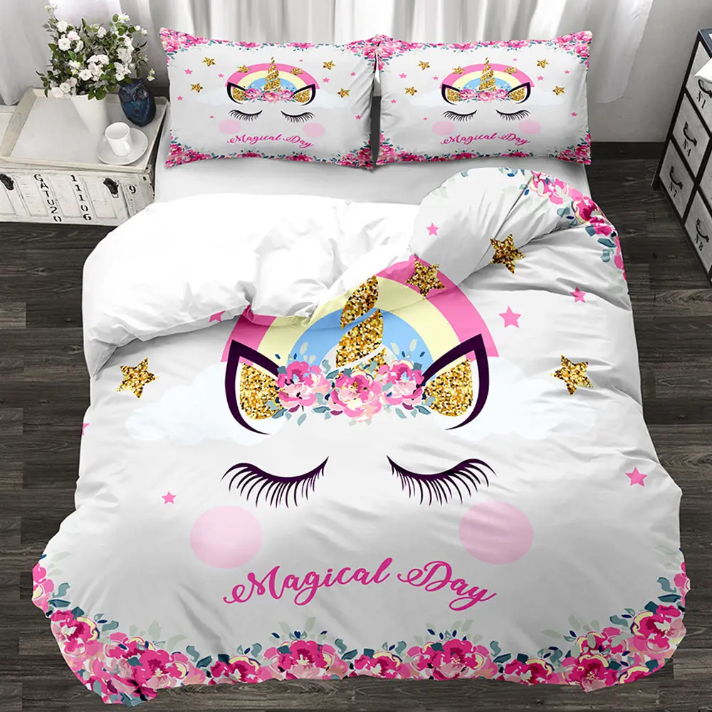 

3D Cartoon Unicorn Kids Bedding Set King Rose Floral Duvet Cover Girly Home Textiles Purple Bedclothes 3pcs Drop Ship