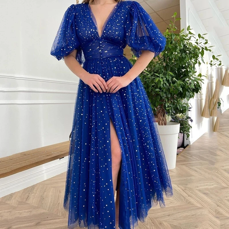 

Женское вечернее платье со звездами и луной, элегантное короткое платье из тюля длиной до щиколотки с разрезом, платье для выпускного вечера, 2021
