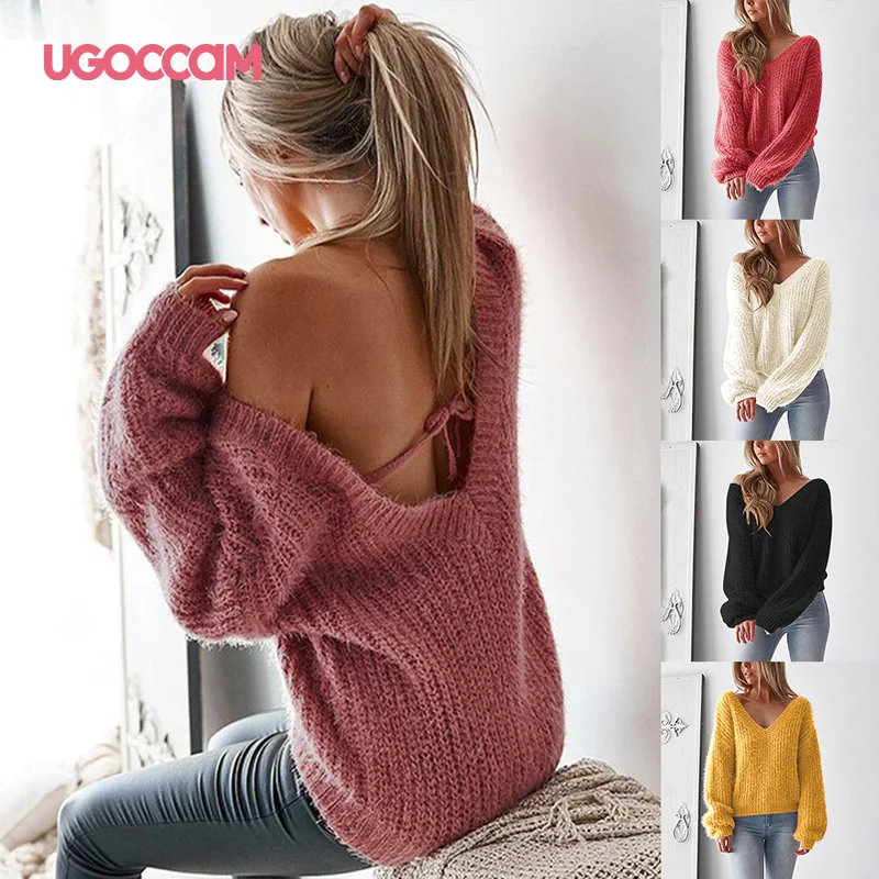 Фото UGOCCAM свитер без спинки свободный с v-образным вырезом открытыми плечами длинный