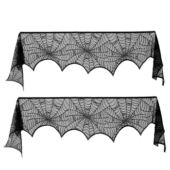 

2Pcs Spiderweb Fireplace Mantle Scarf Lace Halloween Decoration Cover for Halloween Home Party Supply 18 x 96 Inch-Black