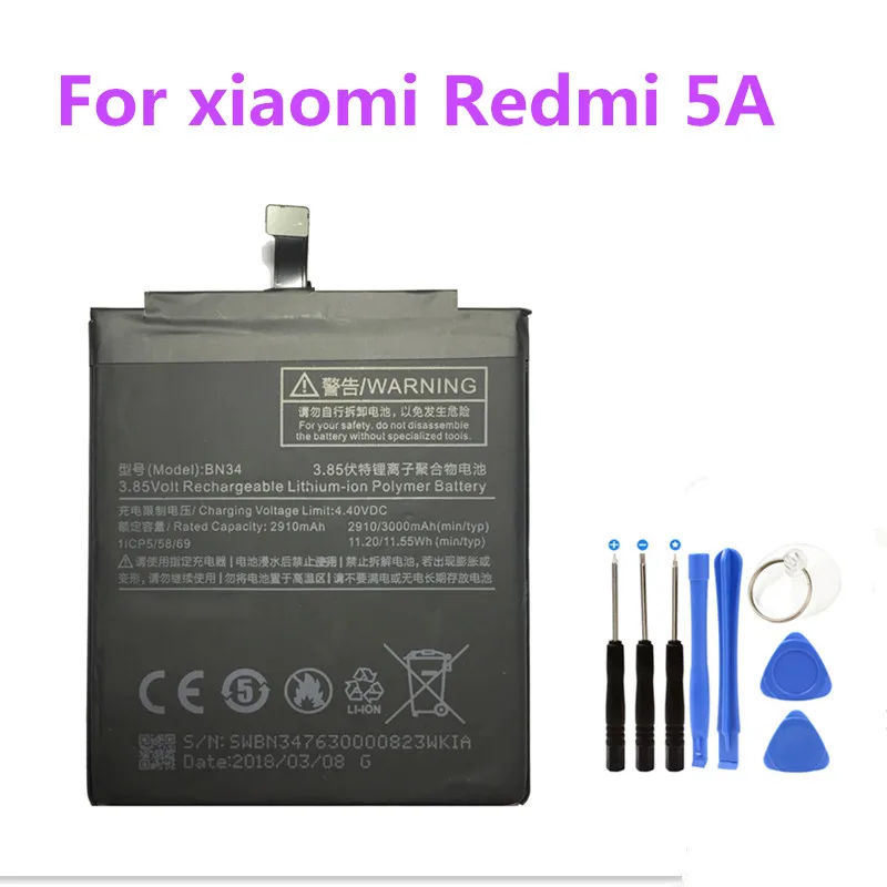 Built-in Phone Battery lithium Replaceme batteries BN34 2910mAh For Xiaomi Mi hongmi Redrice Redmi 5A Bateria + Free Tools
Built-in Phone Battery lithium Replaceme batteries BN34 2910mAh For Xiaomi Mi hongmi Redrice Redmi 5A Bateria + Free Tools