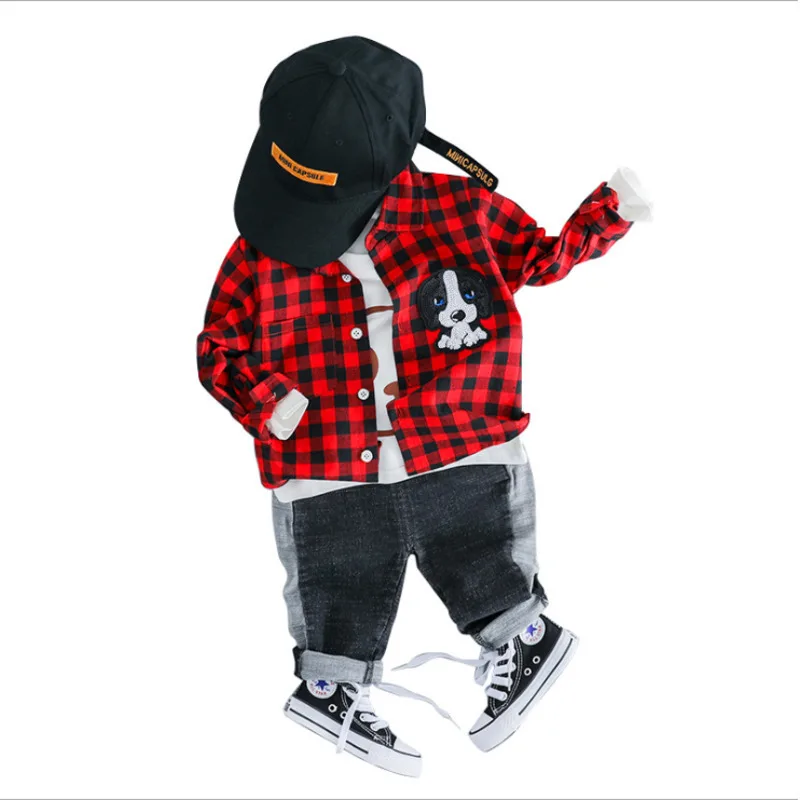 Spring Autumn Baby Girls Boys Clothing Sets Lapel Plaid Shirt Jeans Kids Cartoon Children Costume Infant Leisure Clothes Suits | Детская