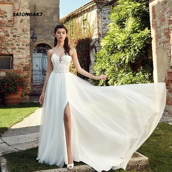 SATONOAKI Simple Elegant Summer Beach Lace Wedding Dresses 2019 A Line Chiffon Side Split Lace Appliques Illusion Bridal Gowns 
SATONOAKI Simple Elegant Summer Beach Lace Wedding Dresses 2019 A Line Chiffon Side Split Lace Appliques Illusion Bridal Gowns