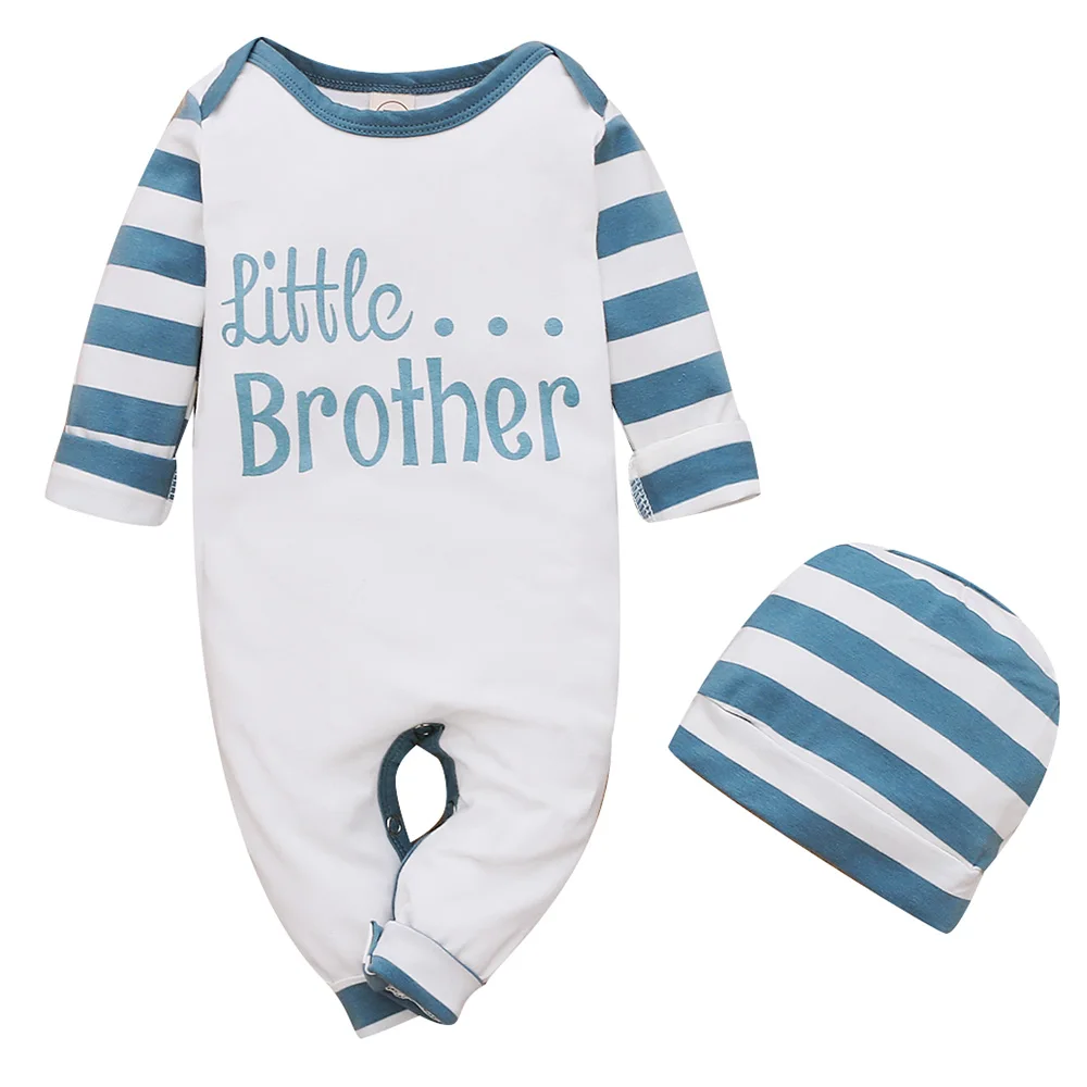 

Autumn Winter Long Sleeve Romper Baby Striped Kids Boy Jumpsuit Clothing 2Piece Black/Blue Letter Newborn Rompers with Hat D30