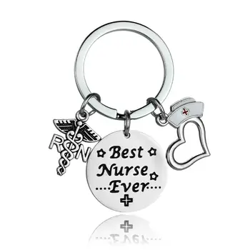 

12PC Engraved Words Best Nurse Ever Keychains Stainless Steel Keyrings RN Nurse Cap Pendant Best Friends Inspirational Jewelry