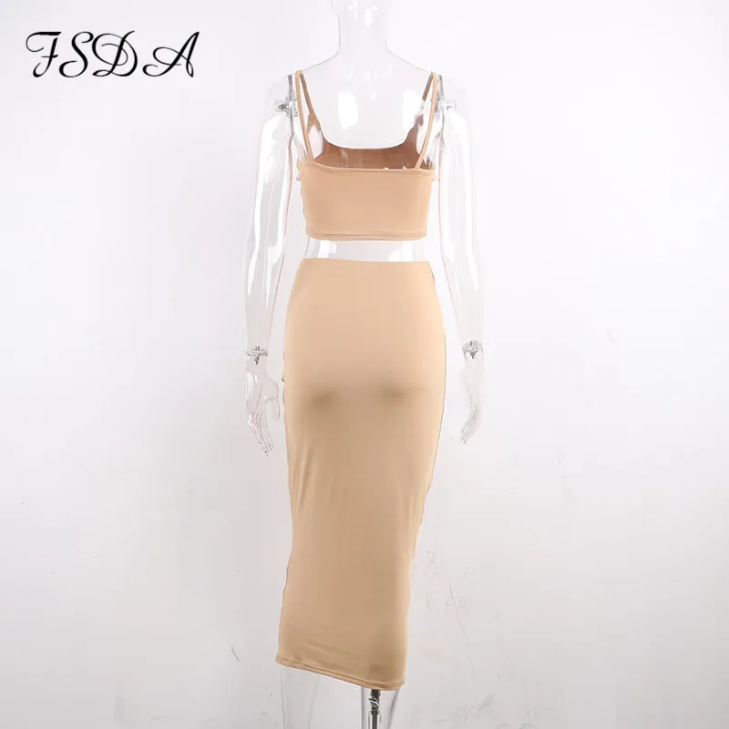 FSDA Sexy Outfit Club Summer Women Set Spaghetti Strap Crop Top Black And Midi Bodycon Skirt Long Party Backless Two Piece Set