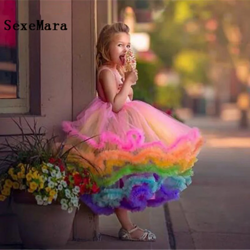 

Rainbow Cupcake Baby Girl Dress Toddler Glitz Pageant Gown Ruffles Puffy Infant 1st Birthday Dress Kids Party Prom Outfits