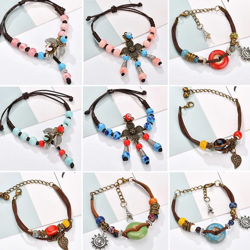 Fashion Ethnic Style High Quality Original Ceramic Bronze Adjustable Handmade Porcelain Beads Rope Bracelets&Bangle For Women |