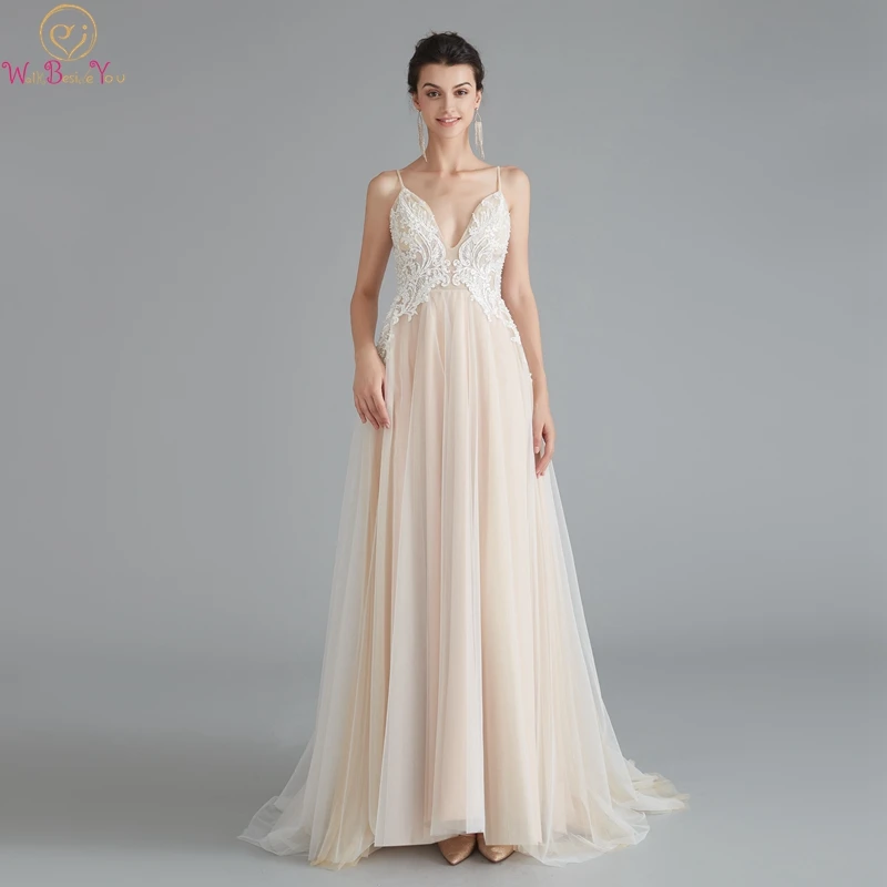 Elegant Champagne A-Line Evening Dresses Deep V-Neck Spaghetti Straps Formal Party Long High Quality Gowns robe de soiree 2019
Elegant Champagne A-Line Evening Dresses Deep V-Neck Spaghetti Straps Formal Party Long High Quality Gowns robe de soiree 2019
