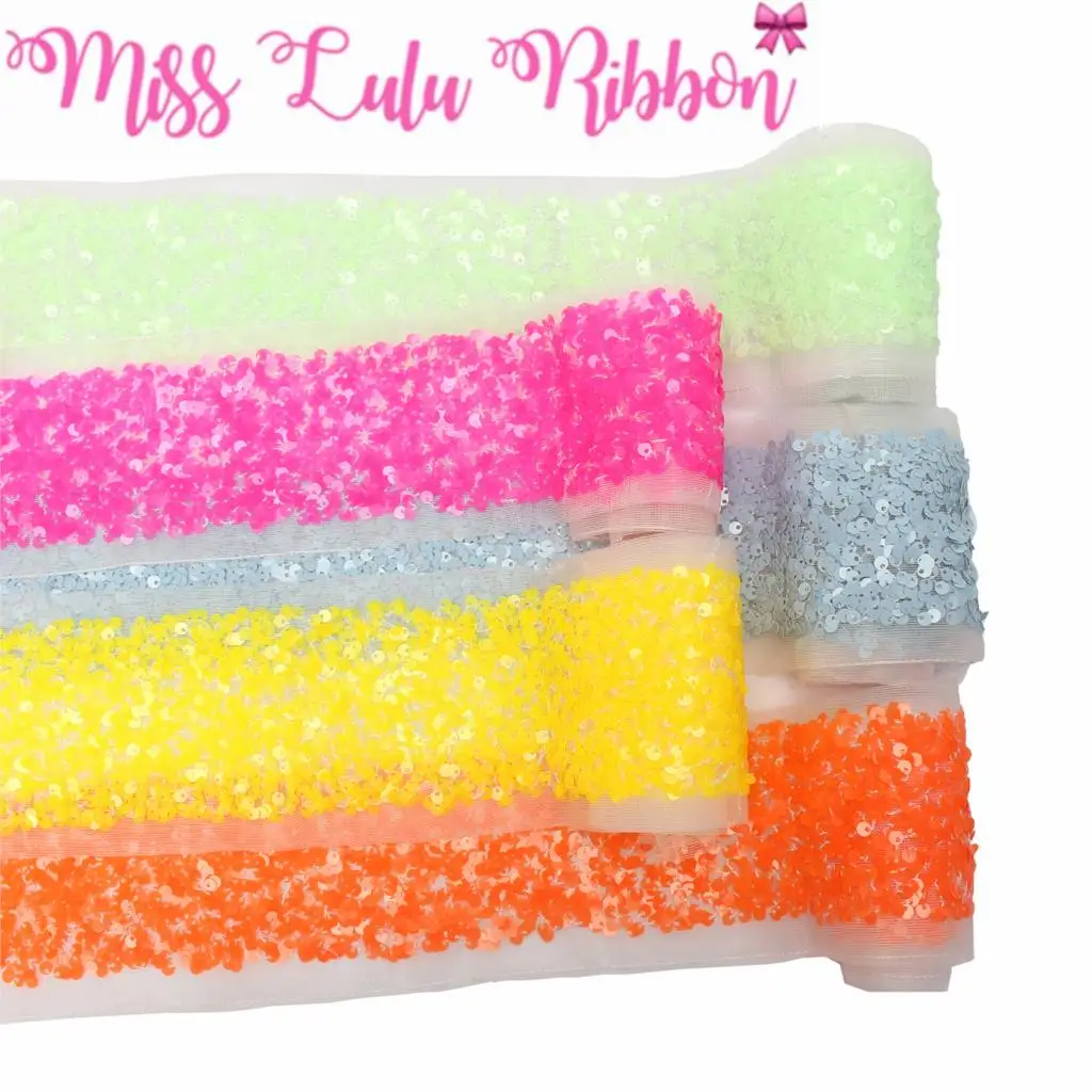 

3"75mm Scatter Sequin Ribbon (Back Side with Tulle, 9.5cm Width Added 1cm Edge Both Side) 25.5yards/Pack(3*8.5y/r) Hair Bowknots